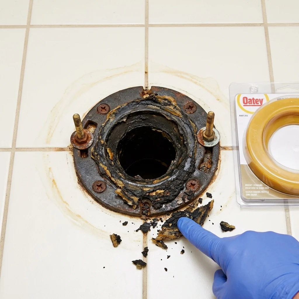 Failed wax ring showing water seepage at the base of a toilet in a Booneville, MS home