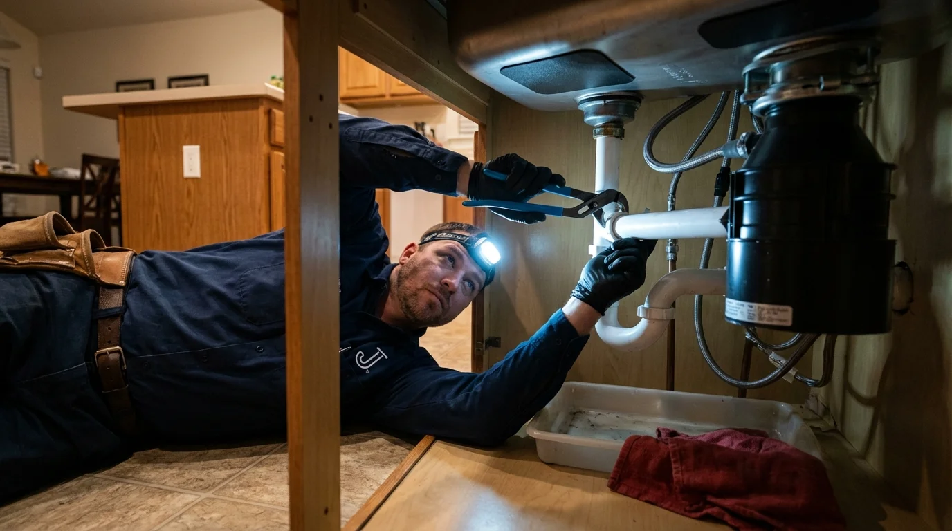 P-trap and supply line connections under a kitchen sink showing a common leak point in Booneville, MS